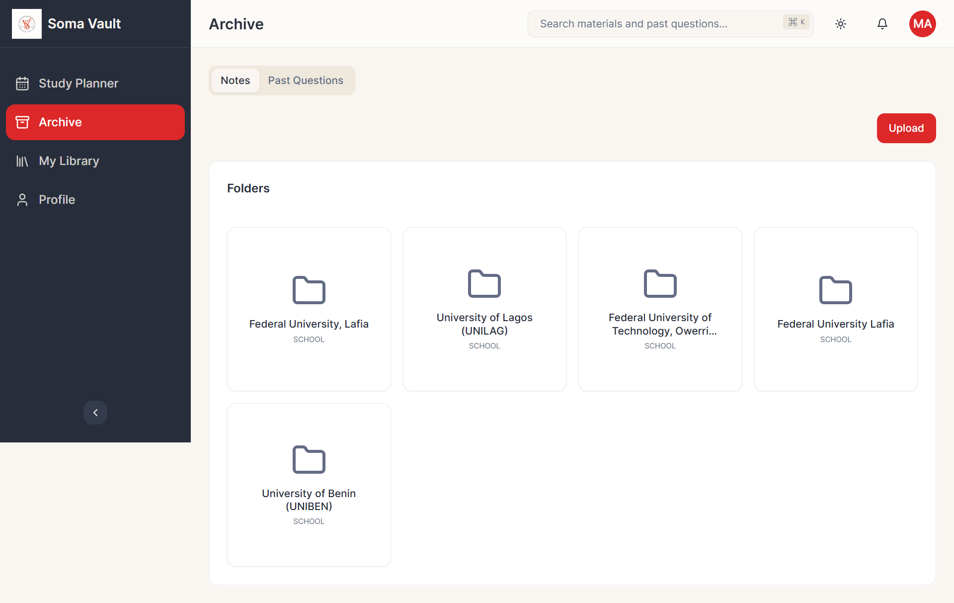 Material archive surface for folder-based lecture notes organization.