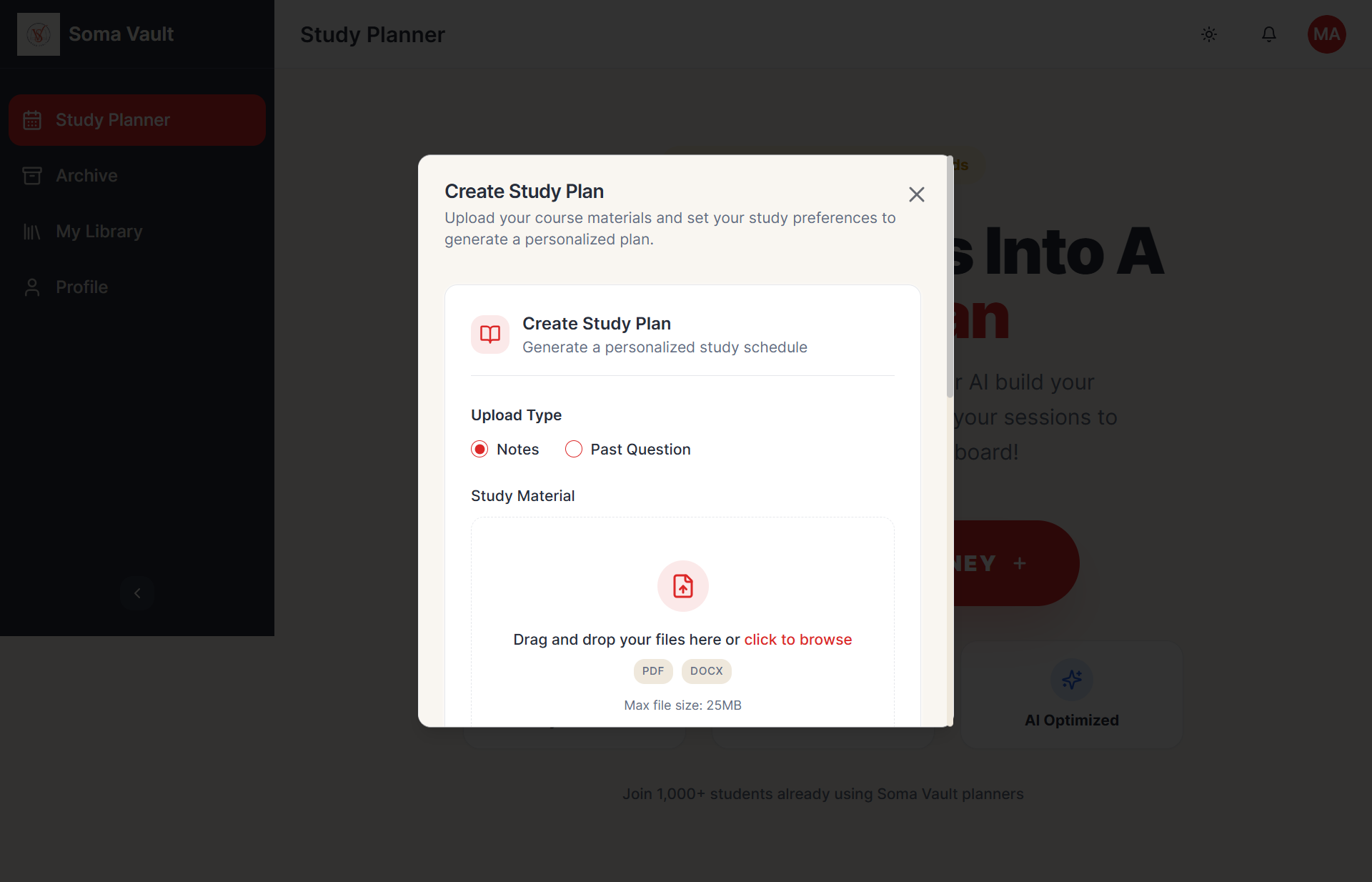 Soma Vault AI-powered study planner dashboard with interactive pacing.